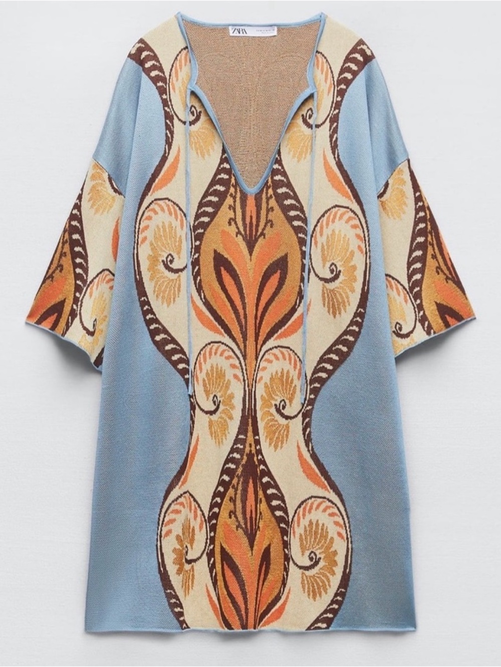 Zara Retro Blue, Cream & Brown Patterned Midi Dress